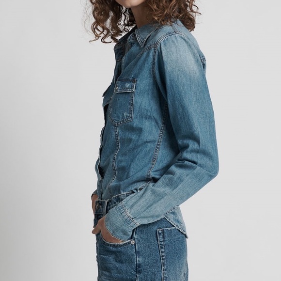 One Teaspoon Zeppelin Savannah Chambray Denim Shirt Button Down Distressed - Picture 7 of 16